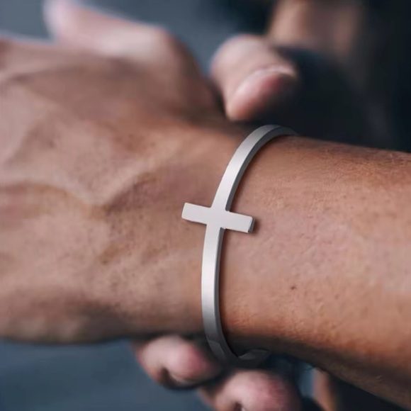 Cross Stainless Steel Bangle Bracelet Geometry Open Cuff Bangle for Men - Picture 1 of 4